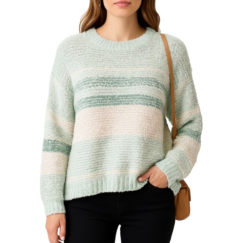 Umgee XL Sweater Mint Green Cream Textured Striped Knit Crew Neck Pullover‎ Cozy